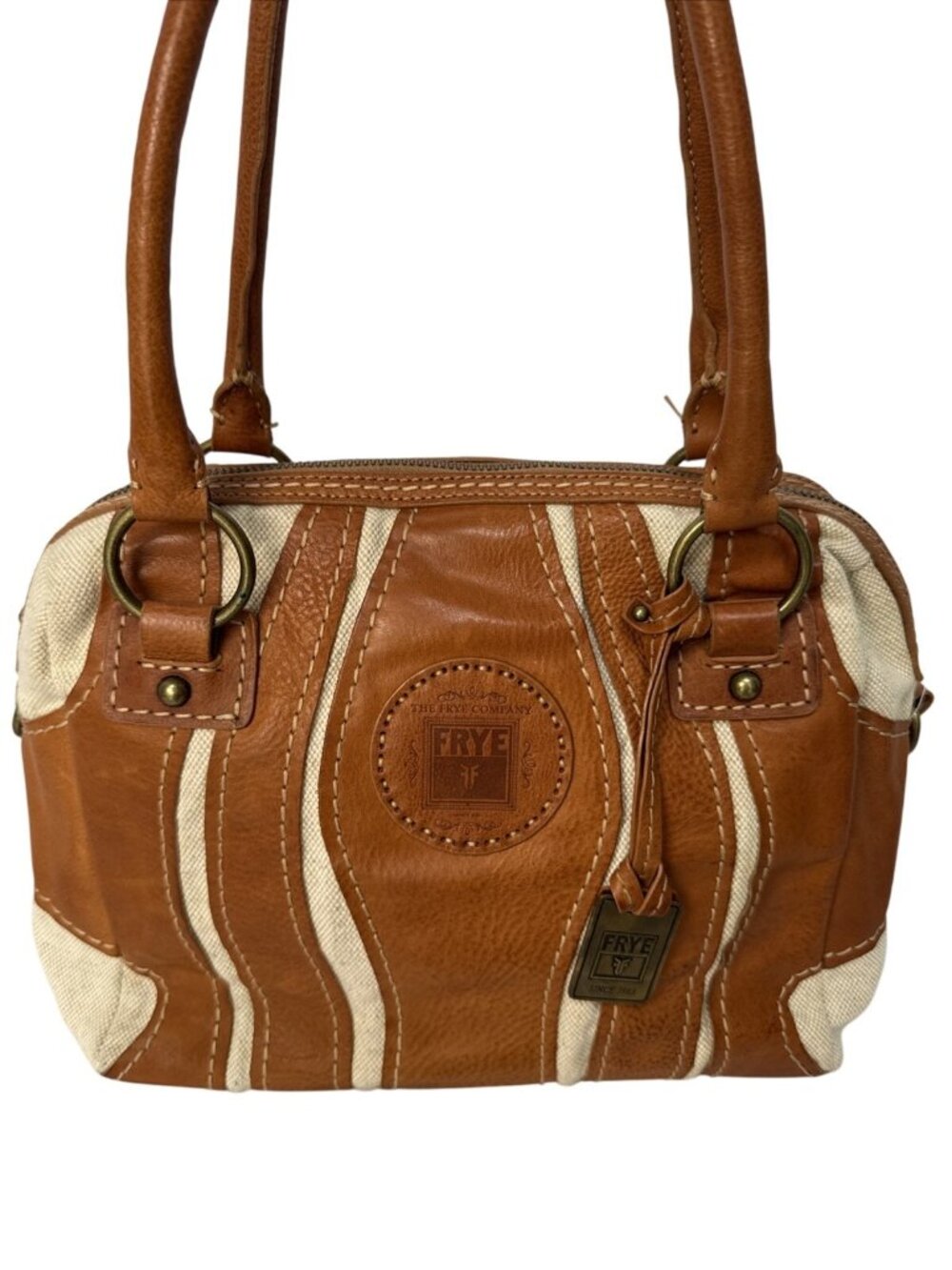 Frye Brown Leather & Canvas Small Satchel Shoulder Bag With Double Handles